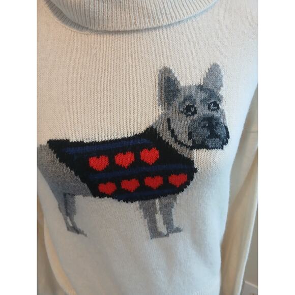 C. Wonder French Bulldog Dog Red Heart Turtleneck Off White Ivory Sweater LARGE - Picture 2 of 7